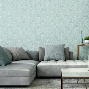 Hoopla Walls Duck Egg Blue Leaf Fan Smooth Matt Wallpaper