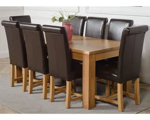 Dakota 182 x 92 cm Chunky Oak Large Dining Table and 8 Chairs Dining Set with Washington Brown Leather Chairs