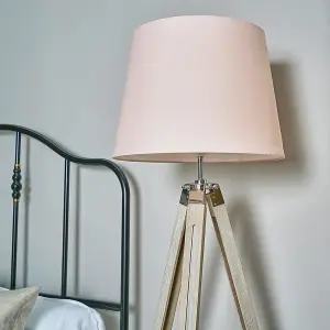 ValueLights Clipper Distressed Wood and Silver Chrome Tripod Floor Lamp with Pink Tapered Light Shade with 6w LED GLS Bulb