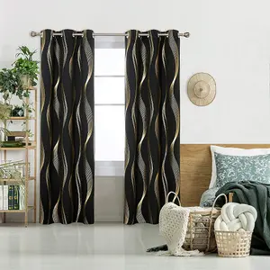 Deconovo Blackout Eyelet Curtains Thermal Insulated Gold Wave Line Foil Printed Curtains for Bedroom 52x90 Inch Black 2 Panels