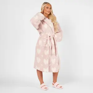 Heart Dressing Gown Soft Teddy Marl Fleece Hooded Ladies Long Warm Robe Womens