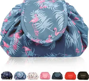 Lazy Drawstring Makeup Bags, Large Capacity Waterproof Travel Portable Cosmetic Bag Pouch Makeup Pouch Storage Organiser For Women Girl (Flamingo)