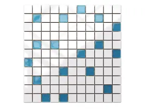 Ceramic mosaic with glass inserts on mesh for bathroom or kitchen 300mm x 300mm - White-pale blue