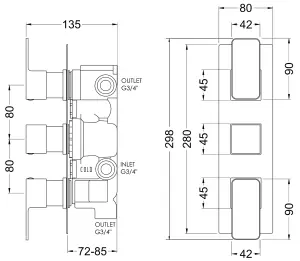 Empire Square Concealed Triple Thermostatic Shower Valve with Diverter (3 Outlets), Brushed Brass - Balterley