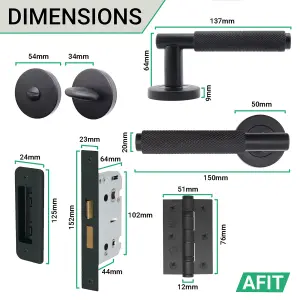 AFIT Matt Black Knurled Bathroom Door Handle Set - Handles, Turn & Release, Lock & Hinges 76mm - Dixon Range