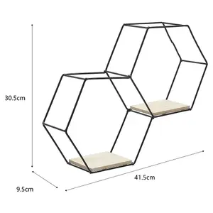 2 Compartments Modern Hexagon Wood Wall Shelf with Iron Frame