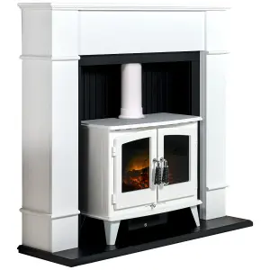 Adam Oxford Stove Fireplace in Pure White with Woodhouse White Electric Stove, 48 Inch