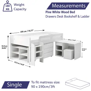 Cabin Single Mid Sleeper Bed Drawers Desk Bookshelf & Ladders with Pocket Sprung Mattress