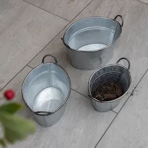 Woodside Filby Vintage Galvanised Flower Planter Tub 3 PACK