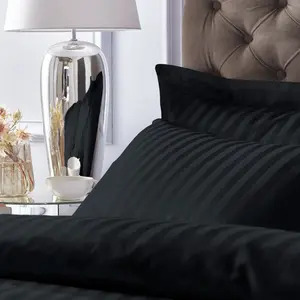 300 Thread Count Cotton Satin Stripe Duvet Cover Set Black / Super King  - 2  Standard Pillowcases