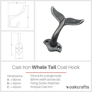 Oakcrafts - Antique Cast Iron Whale Tail Shaped Decorative Wall Hook