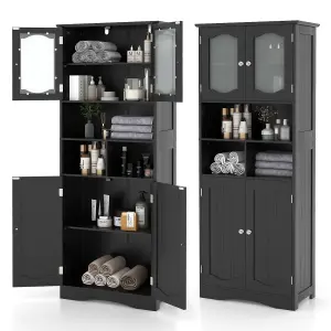 COSTWAY 148cm Tall Bathroom Cabinet Freestanding Storage Cabinet with Tempered Glass Doors