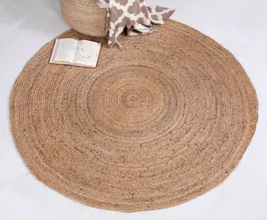 DHAKA Rustic Round Rug Hand Woven Mat with Natural Fibre Indian Jute Flat Pile - Extra Large Floor Covering