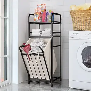 Tilt Out Laundry Hamper Laundry Storage Shelf Bathroom Storage Organizer with 2 Tier Storage Shelf