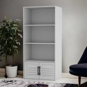 URBNLIVING 4 Tier Grey Wooden Bookcase Cupboard With White  Metal Doors Storage Display Cabinet Unit