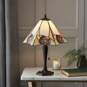 Tiffany Glass Table Lamp Light Dark Bronze & Art Deco Red Rose Shade i00206