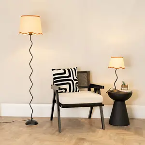 ValueLights Wiggle Black Metal Stem Table Lamp with Linen Scallop Rust Trim Tapered Lamp Shade and LED Bulb