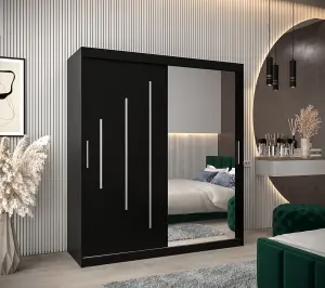 Stylish Black York II Sliding Door Wardrobe W1800mm H2000mm D620mm - Mirrored Storage with Silver Handles