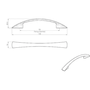 Tapered Pull Handle 138 x 16mm 96mm Fixing Centres Satin Nickel Curved Bow