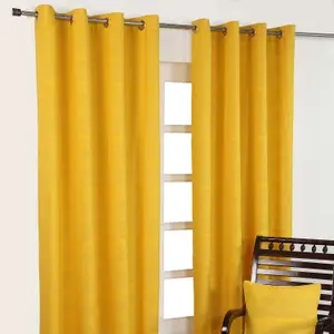 Homescapes Cotton Rajput Ribbed Yellow Curtain Pair, 66 x 72" Drop