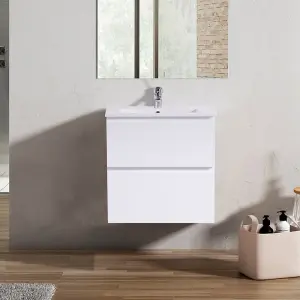 Rinse Bathrooms 600mm Bathroom Wall Hung Vanity Unit 2 Soft Close Drawers Basin Cabinet Storage Gloss White