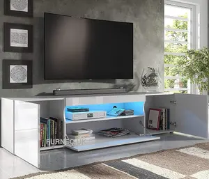 Furneo 200cm Long TV Stand Unit Cabinet Matt & High Gloss White Clifton08 Blue LED Lights