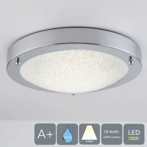 LED Bathroom Ceiling Light, Chrome Finish with Glass Shade, 18 Watts, 1490 Lumens, Natural White (4000K) Water Resistant IP44