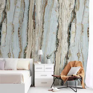 Grandeco Vertical Marble Blue & Neutral 3 Lane Repeatable Wallpaper Mural 159 x 280cm