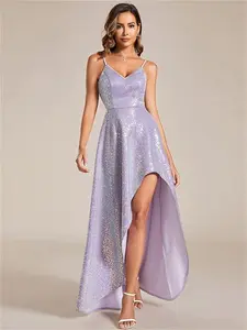 Elegant V-Neck High-Low Sequin Evening Dress