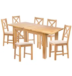 Hallowood Furniture Camberley Oak Butterfly Extending Dining Table with 6 Cross Back Chairs in Beige Fabric Seats