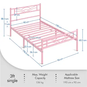 Yaheetech Pink 3ft Single Metal Bed Frame with Cloud-inspired Design Headboard and Footboard