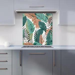 Tropical Floral Leaves Green Brown Premium Glass Kitchen Splashback W900mm x H750mm