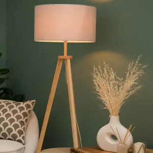 ValueLights Morrigan Light Wood Tripod Design Floor Lamp with Storage Shelf & Grey Drum Shade with LED Bulb