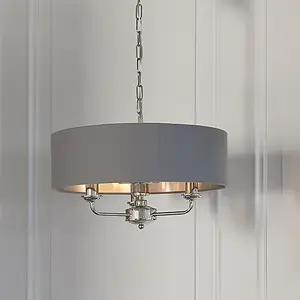 Luminosa Highclere Cylindrical Pendant Light Bright Nickel Plate, Charcoal Fabric