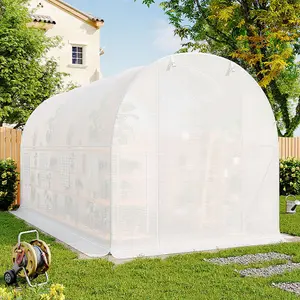 13 x 6 ft White Outdoor Walk In Tunnel Greenhouse with Steel Frame Roll Up Door Windows