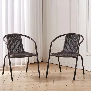 Set of 2 Brown Vintage Style Stacking Rattan Patio Garden Chairs Outdoor Armchairs with Metal Frame