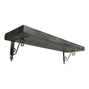 Solid Wood Handmade Rustical Shelf Monochrome 225mm 9 inch with Silver Metal Bracket WOZ Length of 220cm