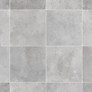 Grey Tile Effect Anti-Slip Vinyl Flooring For LivingRoom, Kitchen, 2mm Thick Cushion Backed Vinyl Sheet-6m(19'8") X 4m(13'1")-24m²