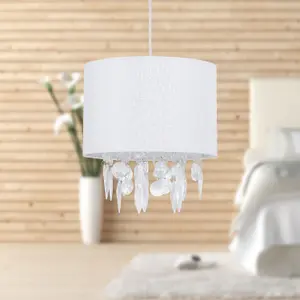 First Choice Lighting Set of 2 Fiji White Linen with Silver Fleck Detail Jewelled Pendant Shades