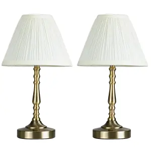 ValueLights Sienna Pair of Vintage Antique Brass Touch Table Lamps with Pleated Cream Shades