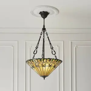 Tiffany Glass Hanging Ceiling Pendant Light Bronze Round Amber Lamp Shade i00129