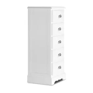 Romance True White 5 Drawer Tallboy with Crystal Handles