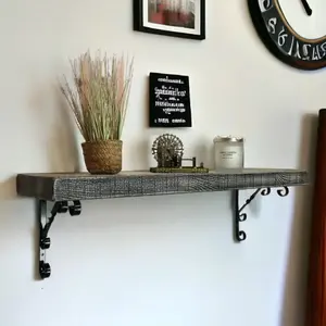 Solid Wood Handmade Rustical Shelf Monochrome 175mm 7 inch with Black Metal Bracket WO Length of 180cm