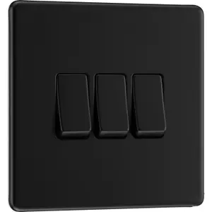 BG Flatplate Screwless 20A Triple Wall Light Switch, Matt Black