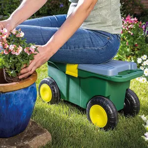 Garden Tool Trolley & Seat - Plastic Storage Cart Box with 4 Wheels, 2 Handles, Clasp Lid & Removeable Tray - H30 x W55 x D27cm