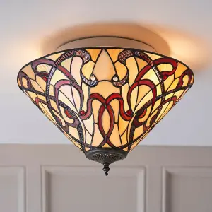 Tiffany Glass Flush Ceiling Light - Dimmable LED Lamp - 2 x 60W E27 GLS Required