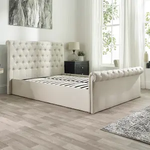 Chesterfield Ottoman Storage Bed in Natural Linen, size King