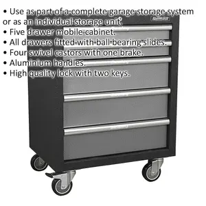 Versatile 650mm 5 Drawer Mobile Cabinet with Ball Bearing Slides and Swivel Castors