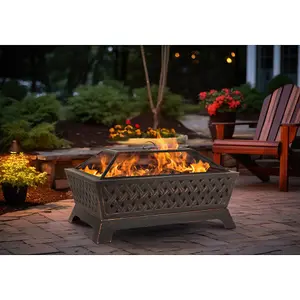 Modern Rectangular Black Fire Pit - Stylish Outdoor Wood Burner with Mesh Lid