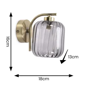 ValueLights Amelie Pair of - Gold Curved Bar Wall Light with Smoked Ribbed Glass Shade - LED Bulbs Included